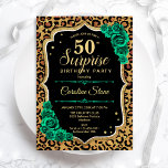 Leopard Black Gold Green Surprise 50th Birthday Invitation<br><div class="desc">Surprise 50th Birthday Party Invitation. Feminine black,  white and emerald green design with faux glitter gold. Features animal cheetah leopard print,  roses,  script font and confetti. Perfect for an elegant women's bday celebration. Can be personalized to show any age. Printed Zazzle invitations or instant download digital printable template.</div>