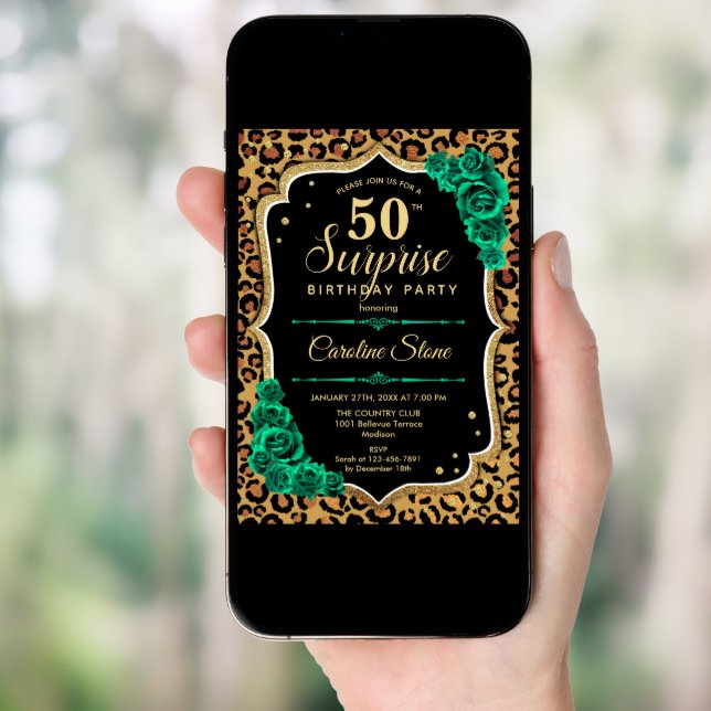 Leopard Black Gold Green Surprise 50th Birthday Invitation (Front Digital)