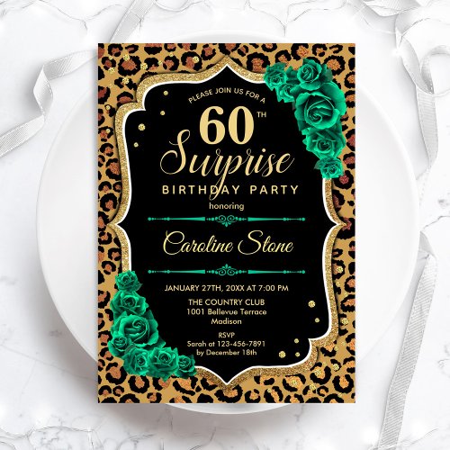 Leopard Black Gold Green Surprise 60th Birthday Invitation