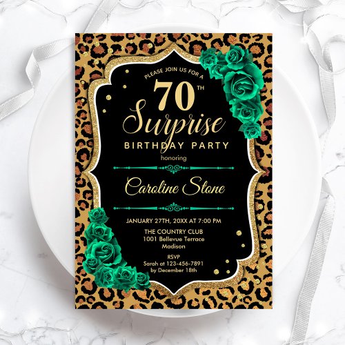 Leopard Black Gold Green Surprise 70th Birthday Invitation