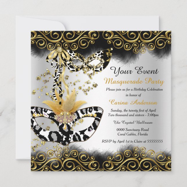 Leopard Black Gold Mask Masquerade Birthday Party Invitation (Front)