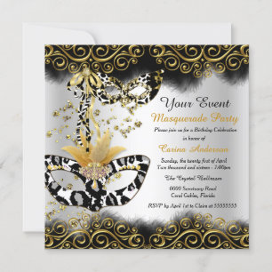 Leopard Black Gold Mask Masquerade Birthday Party Invitation