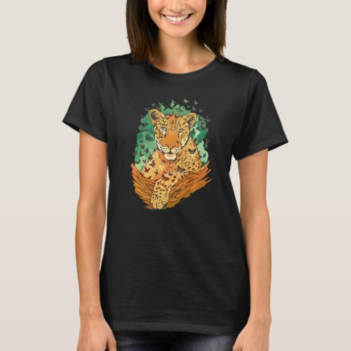 Leopard Black Schemtterlings With Butterflies   T_Shirt