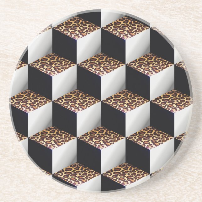 Leopard Black White Shaded 3D Look Cubes Drink Coaster (Front)