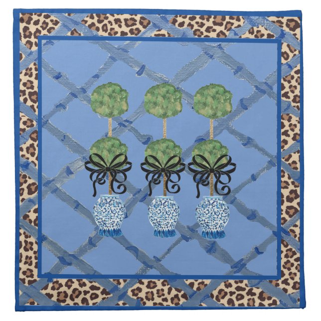 Leopard Blue Bamboo Chinoiserie Ginger Jar  Cloth Napkin (Front)