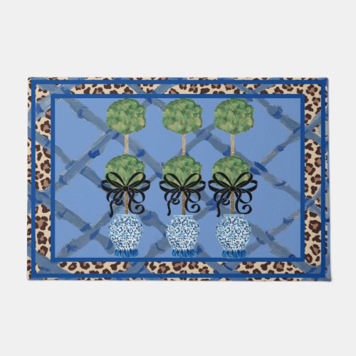 Leopard Blue Bamboo Chinoiserie Ginger Jar Doormat