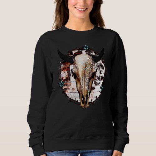 Leopard Boho Bull Skull Turquoise Gemstone Western Sweatshirt