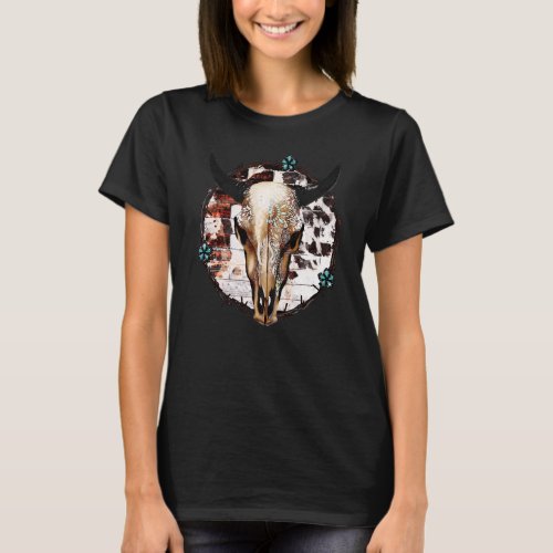 Leopard Boho Bull Skull Turquoise Gemstone Western T_Shirt