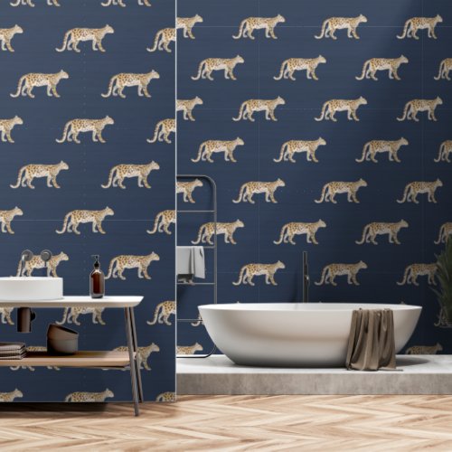 Leopard Botanical Nature Watercolor Navy Blue Wallpaper