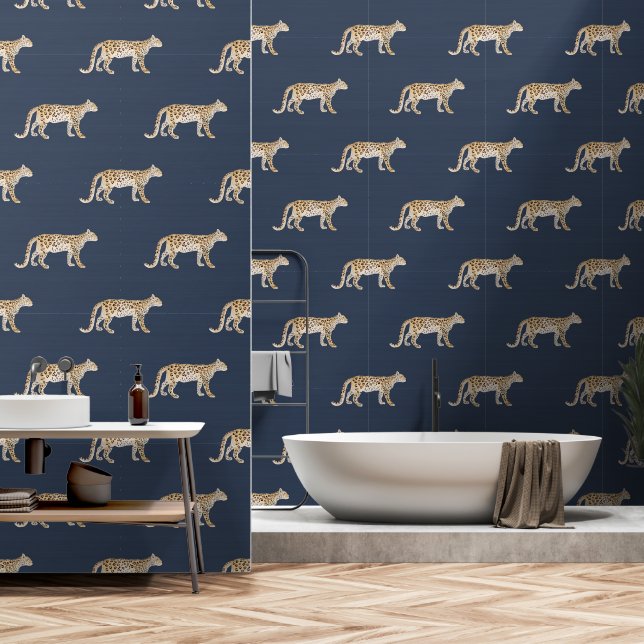 Leopard Botanical Nature Watercolor Navy Blue Wallpaper (Bathroom)