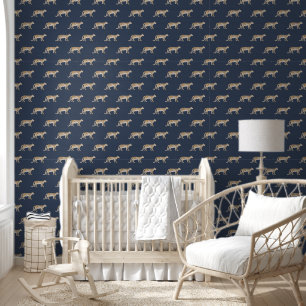 Leopard Botanical Watercolor Navy Blue Boy Nursery Wallpaper