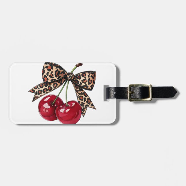 Leopard Bow Cherry Pop Luggage Tag (Front Horizontal)
