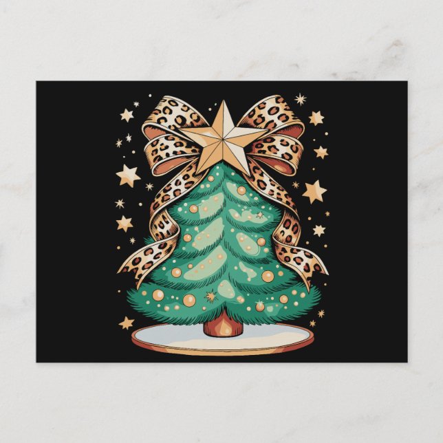 Leopard Bow Christmas Tree Glam Holiday Xmas Postcard (Front)