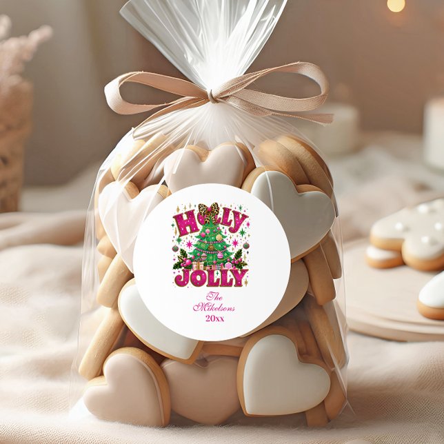 Leopard Bow Holly Jolly Celebration Classic Round Sticker (Creator Uploaded)