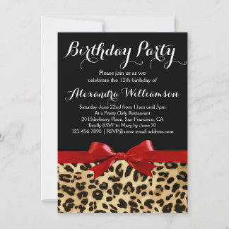Leopard Bright Red Bow Girl's Birthday Party Invitation