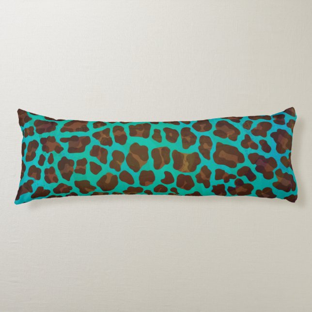 Leopard Brown and Teal Print Body Pillow (Front)