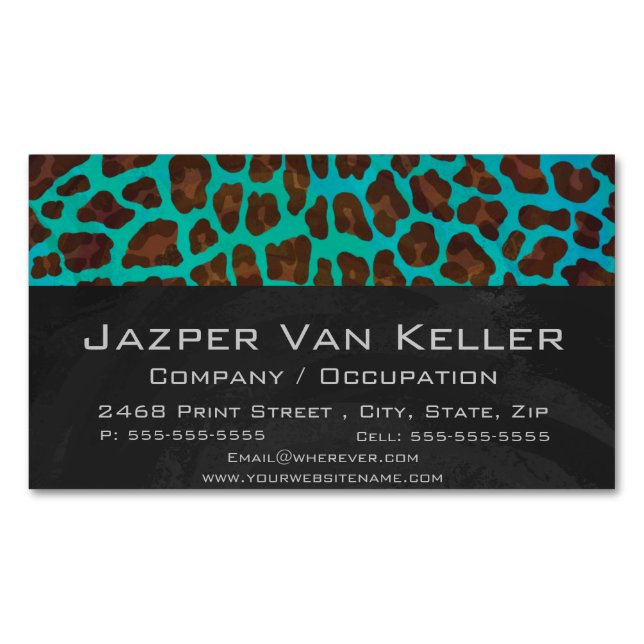Leopard Brown and Teal Print Business Card Magnet (Front)
