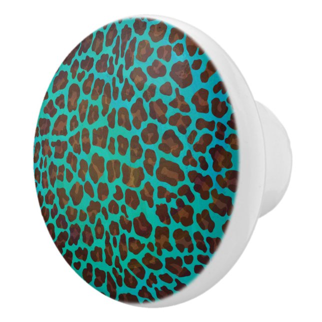 Leopard Brown and Teal Print Ceramic Knob (Right)
