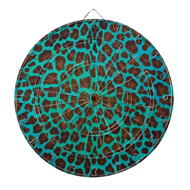 Leopard Brown and Teal Print Dartboard With Darts (Front)