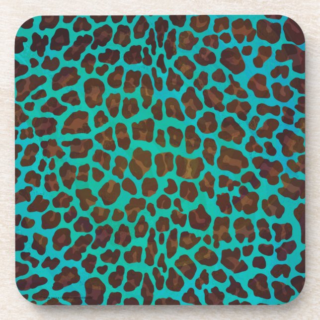 Leopard Brown and Teal Print Drink Coaster (Front)