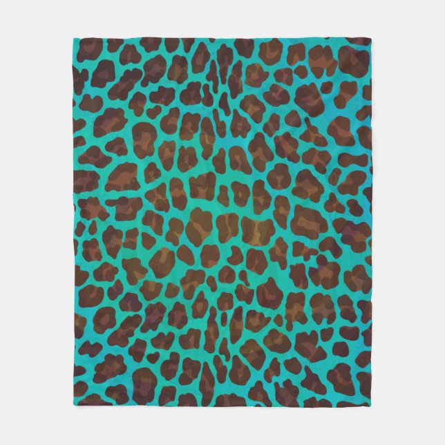 Leopard Brown and Teal Print Fleece Blanket (Front)