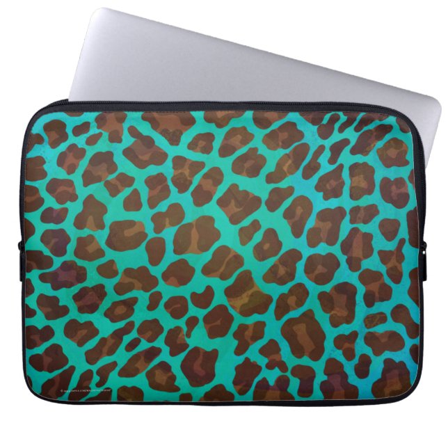 Leopard Brown and Teal Print Laptop Sleeve (Front)