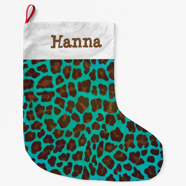 Leopard Brown and Teal Print Large Christmas Stocking (Front)