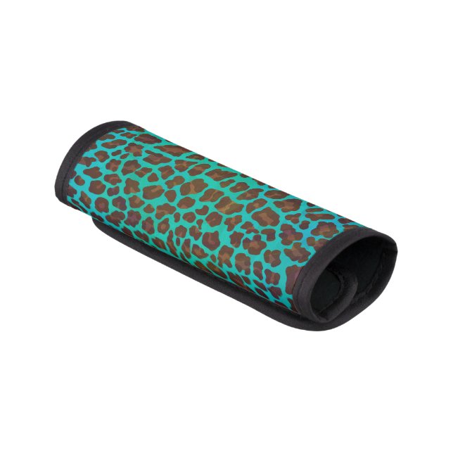Leopard Brown and Teal Print Luggage Handle Wrap (Angled)