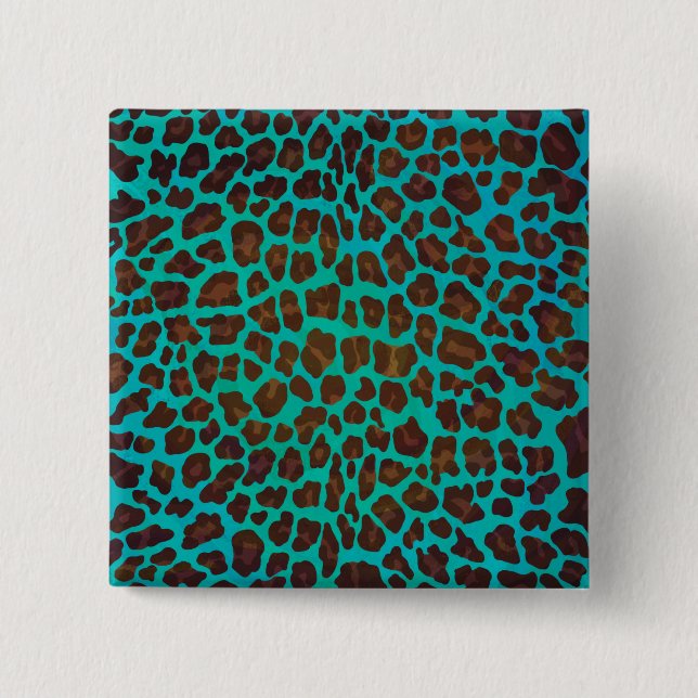 Leopard Brown and Teal Print Pinback Button (Front)