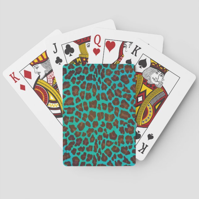 Leopard Brown and Teal Print Poker Cards (Back)