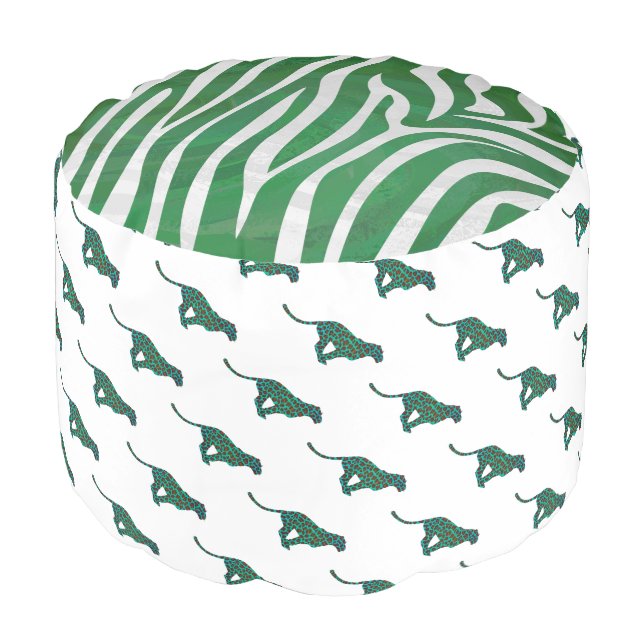 Leopard Brown and Teal Print Pouf (Angled Front)