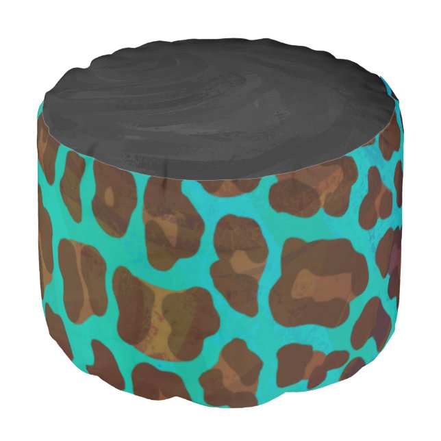Leopard Brown and Teal Print Pouf (Angled Front)