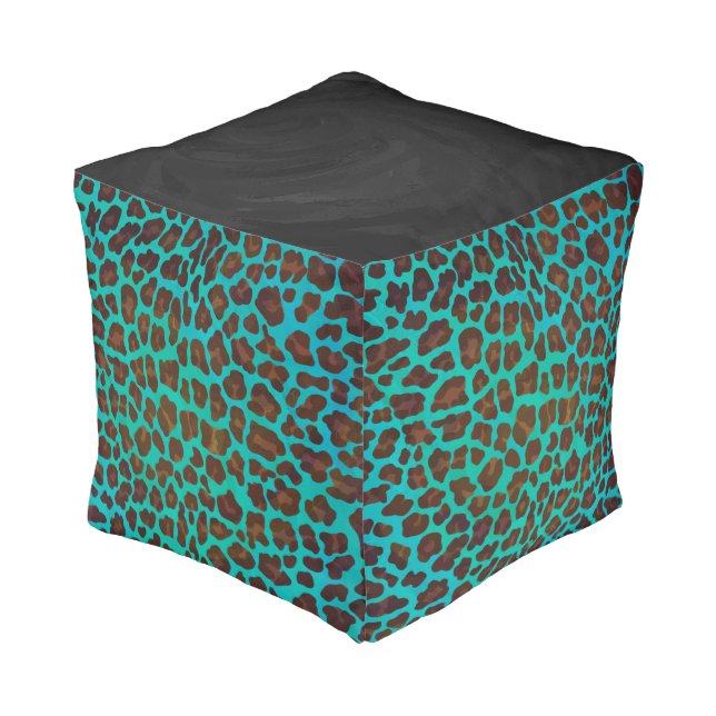 Leopard Brown and Teal Print Pouf (Angled Back)