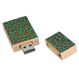 Leopard Brown and Teal Print Wood USB Flash Drive