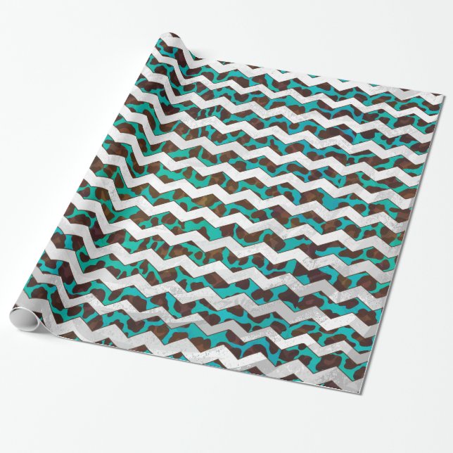Leopard Brown and Teal Print Wrapping Paper (Unrolled)