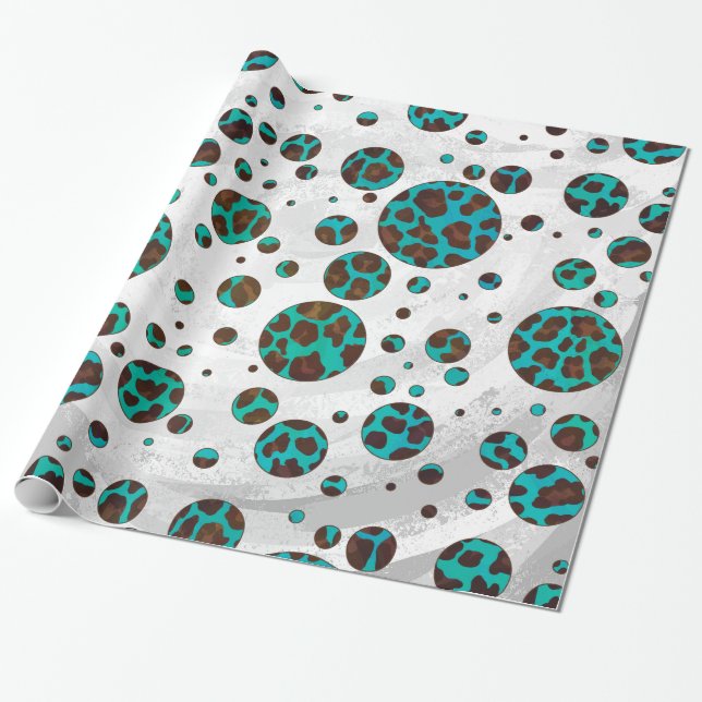 Leopard Brown and Teal Print Wrapping Paper (Unrolled)