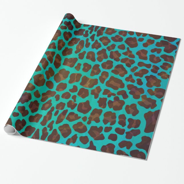 Leopard Brown and Teal Print Wrapping Paper (Unrolled)
