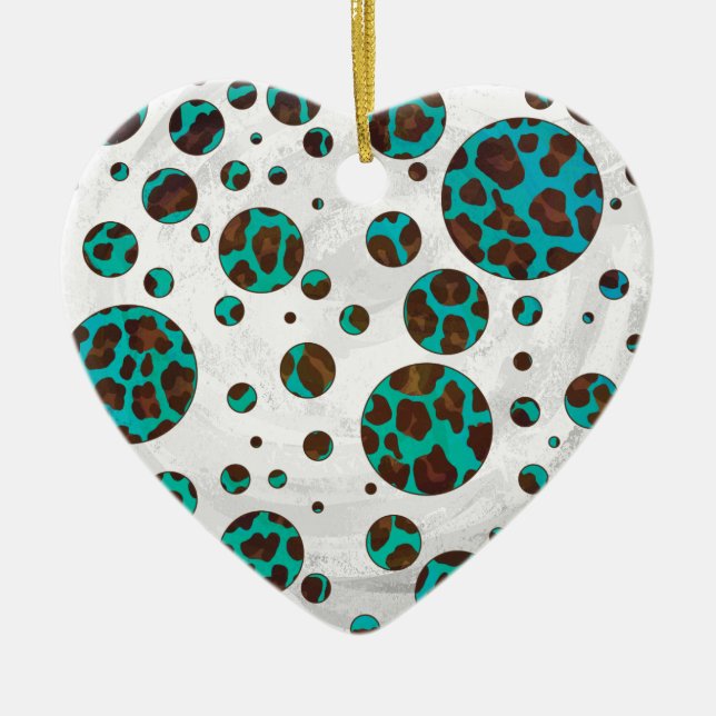 Leopard Brown and Teal PrintPolka Dots Ceramic Ornament (Front)