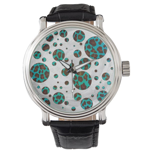 Leopard Brown and Teal PrintPolka Dots Watch (Front)