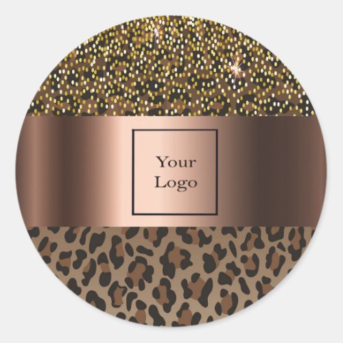 Leopard brown black confetti glam logo classic round sticker