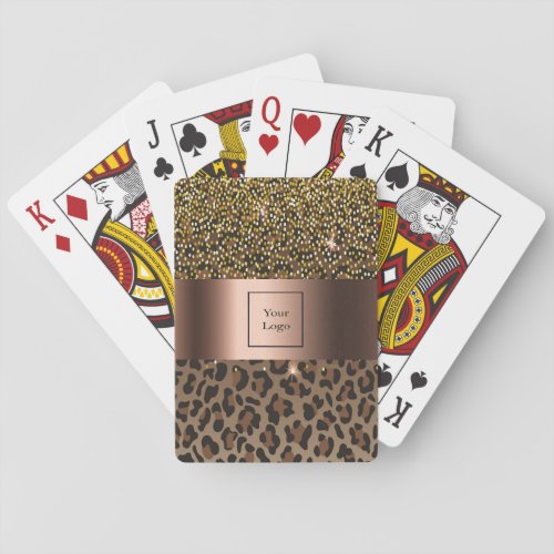 Leopard brown black confetti glam logo poker cards