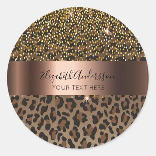 Leopard brown black confetti glam name text classic round sticker