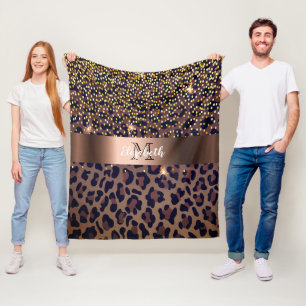 Leopard brown black golden bronze monogram fleece blanket