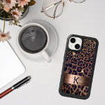 Leopard brown black golden bronze monogram OtterBox iPhone 14 case<br><div class="desc">Elegant, glamorous and feminine with brown, golden and black leopard pattern, decorated with golden confetti. Personalize and add your name and monogram letter. A faux bronze colored band. The name is written with a modern hand lettered style script with swashes. Black and white letters. To keep the swashes only delete...</div>