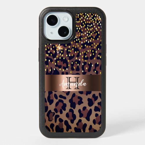 Leopard brown black golden bronze monogram iPhone 15 case