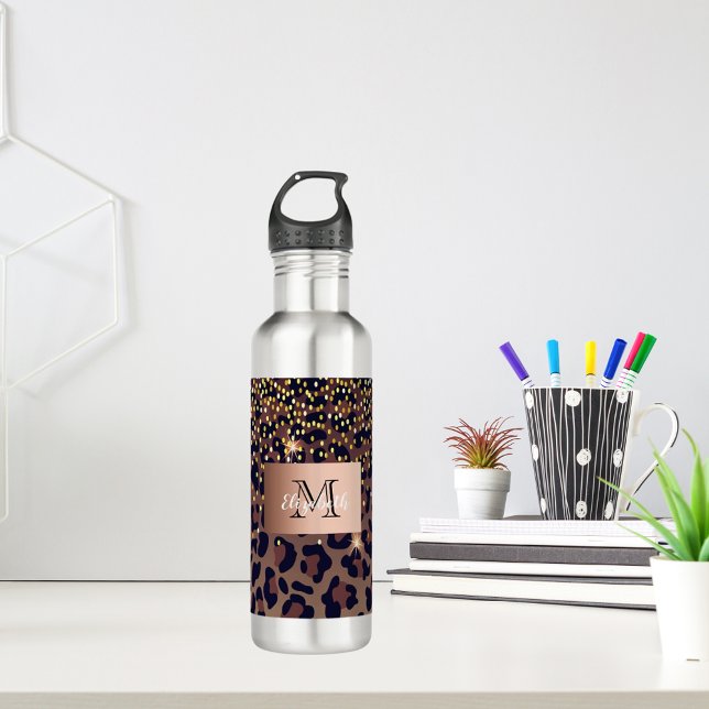 Leopard brown black golden bronze monogram stainless steel water bottle (Creator Uploaded)