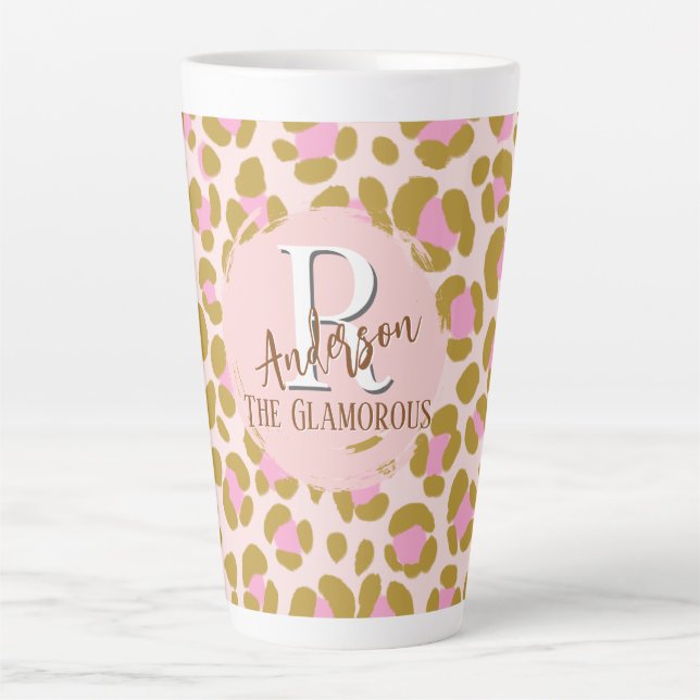 Leopard Brown Pink Beige Personalized Latte Mug (Front)