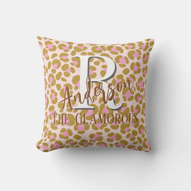 Leopard Brown Pink Beige Personalized Throw Pillow (Front)
