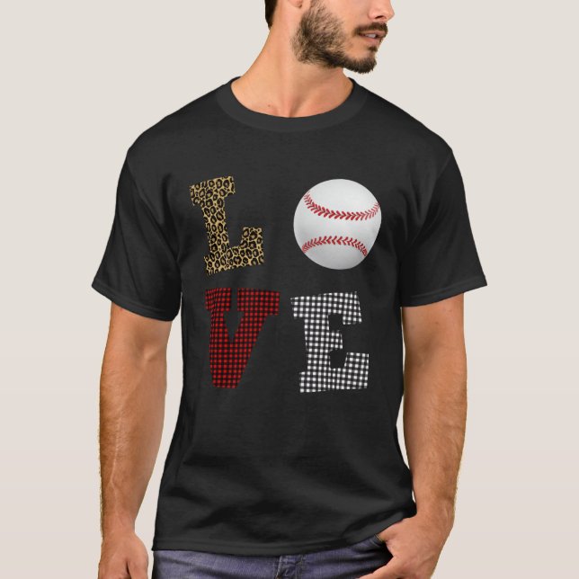 Leopard Buffalo Plaid Baseball Player Valentine s  T-Shirt (Front)