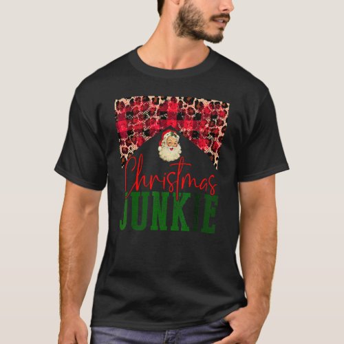 Leopard Buffalo Plaid Christmas Junkie Santa Claus T-Shirt